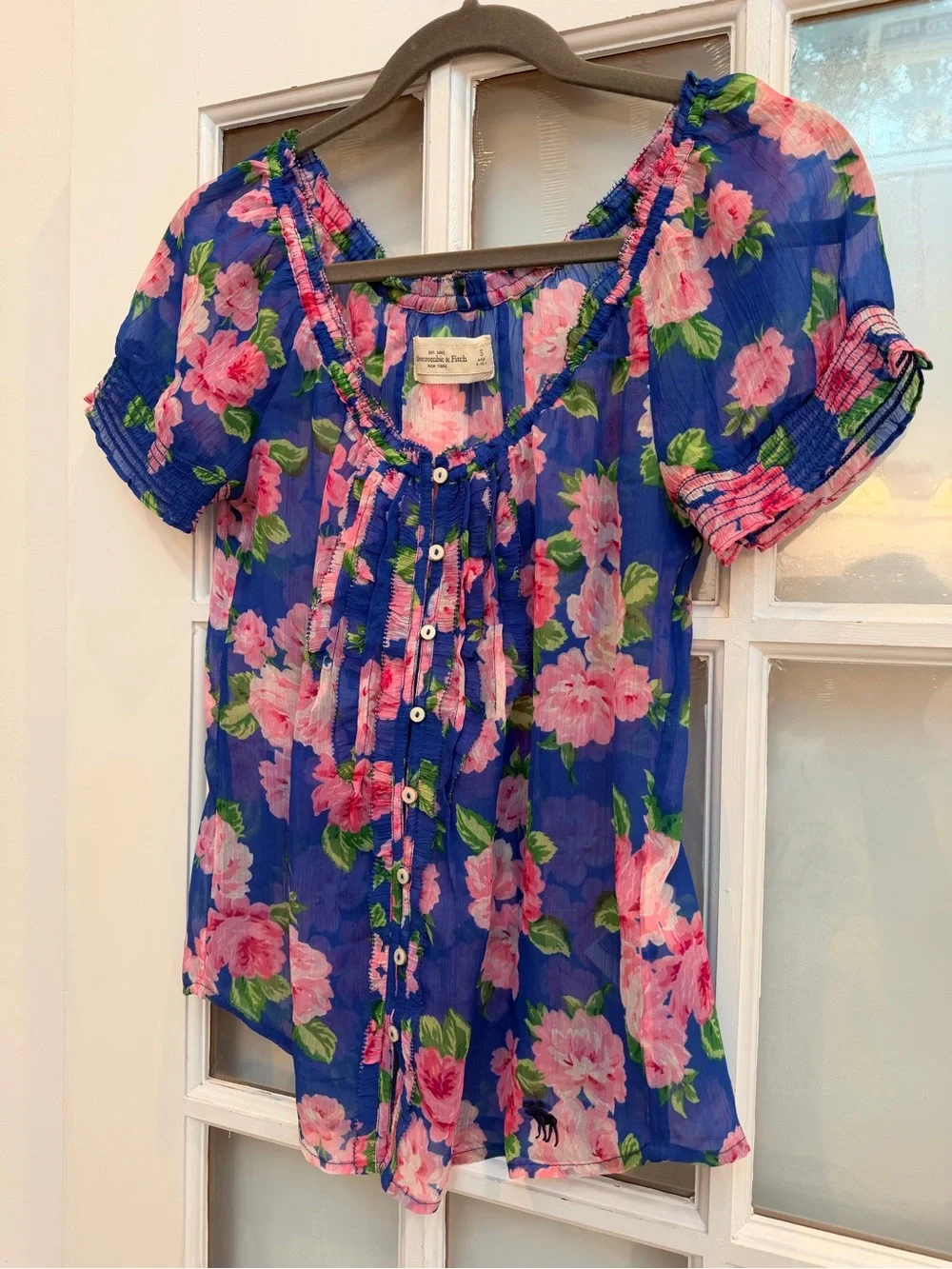 Vintage Abercrombie & Fitch Y2K Sheer Floral Button-Front Peasant Top Size S